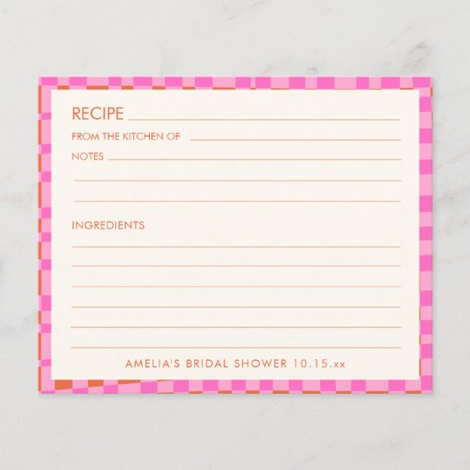 Rosa-orange personalisierte Brautdusche-Rezeptkart (Vorderseite)