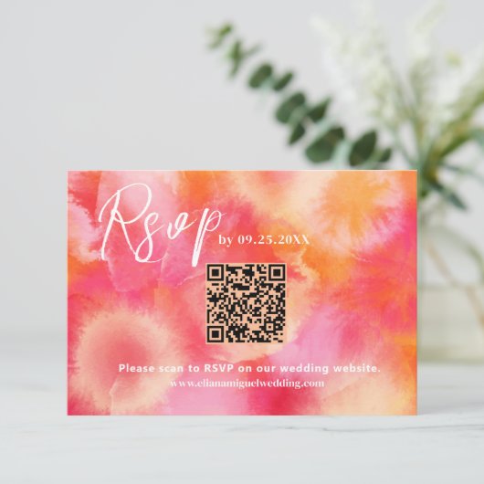 Rosa orange QR Code Response Karte Hochzeit RSVP (Stehend Vorderseite)