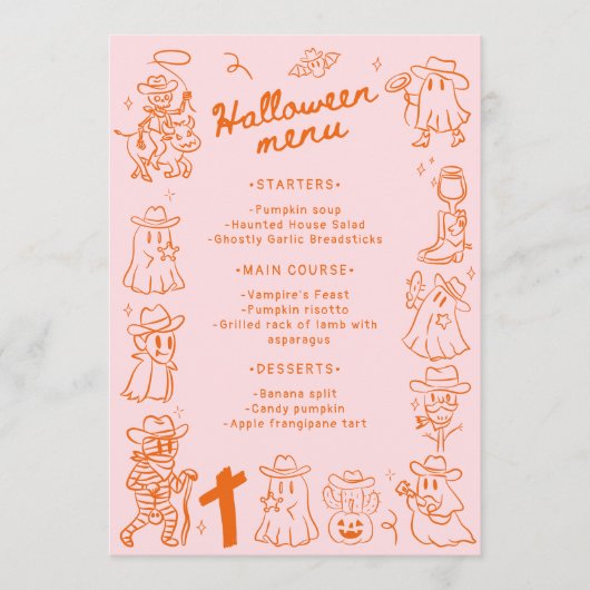 Rosa Orange Quirky Hand Drawn Doodles Halloween Menükarte (Vorderseite)