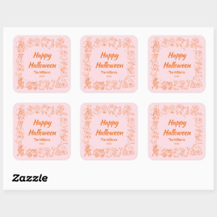 Rosa Orange Quirky Hand Drawn Doodles Halloween Quadratischer Aufkleber