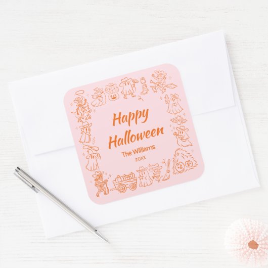 Rosa Orange Quirky Hand Drawn Doodles Halloween Quadratischer Aufkleber (Umschlag)