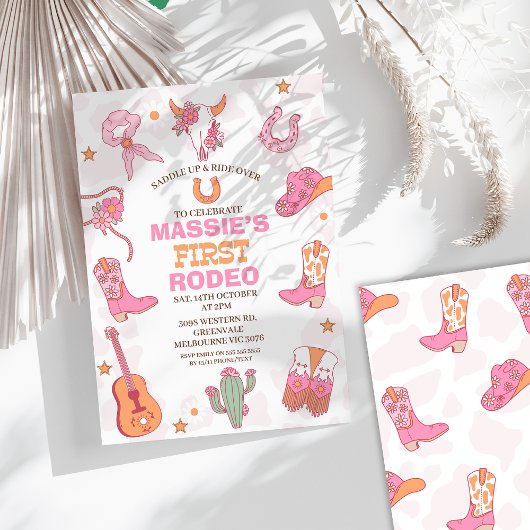 Rosa Orange Retro 1. Rodeo Geburtstag Einladung