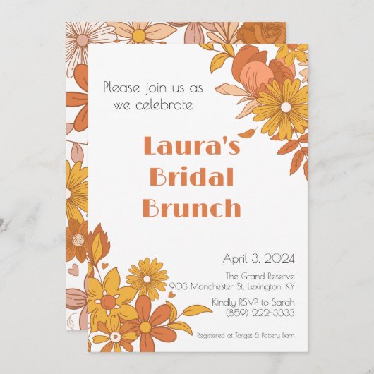 Rosa & orange Retro Boho Bridal Brunch Einladung (Vorne/Hinten)