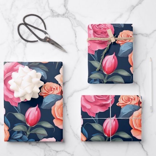 Rosa Orange Rose Muster Chiffon Geschenkpapier Set (Vorderseite)