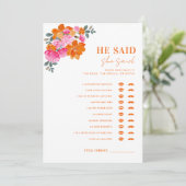 Rosa Orange sagte, sie sagte Brautparty Game Einladung (Stehend Vorderseite)