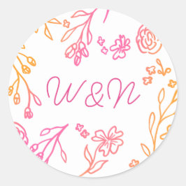 Rosa Orange Simple Floral Script Monogram Runder Aufkleber