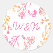Rosa Orange Simple Floral Script Monogram Runder Aufkleber (Vorderseite)