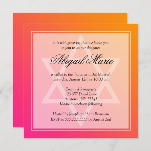 Rosa Orange Star von David Bat Mitzvah Square Einladung (Vorne/Hinten)