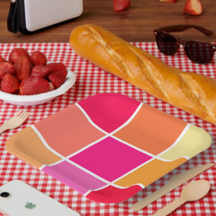 Rosa, orange und gelbe Quadrate Pappteller