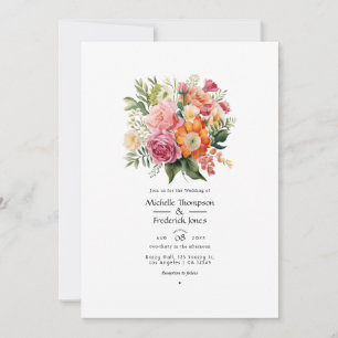 Rosa, Orange und Grüne Blumige Hochzeit Einladung