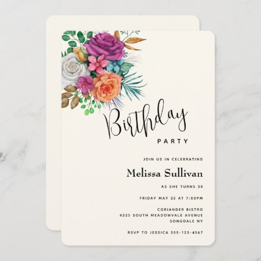 Rosa, Orange und Weiße Rosen Blumenstrauß Geburtst Einladung (Vorne/Hinten)