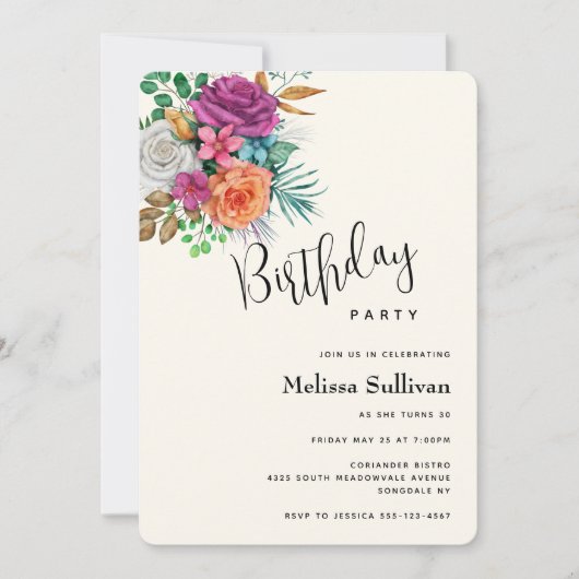Rosa, Orange und Weiße Rosen Blumenstrauß Geburtst Einladung (Vorderseite)