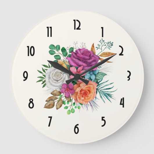 Rosa, Orange und Weiße Rosen Blumenstrauß Große Wanduhr (Vorderseite)