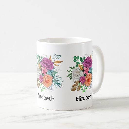 Rosa, Orange und Weiße Rosen Blumenstrauß Kaffeetasse (VorderseiteRechts)