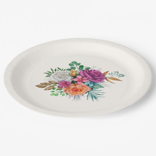 Rosa, Orange und Weiße Rosen Blumenstrauß Pappteller (Schrägansicht)