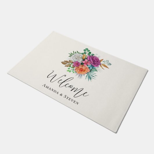 Rosa, Orange und Weiße Rosen Herzlich Willkommen Fußmatte (Schrägansicht)