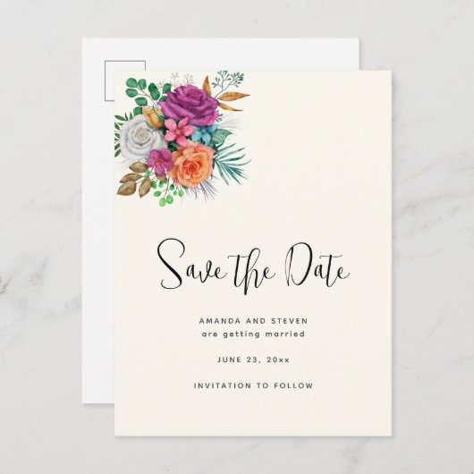 Rosa, Orange und Weiße Rosen Save the Date Einladungspostkarte (Vorne/Hinten)