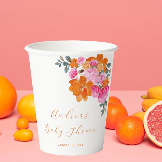 Rosa Orange Vibrannte Summer Floral Baby Dusche Pappbecher
