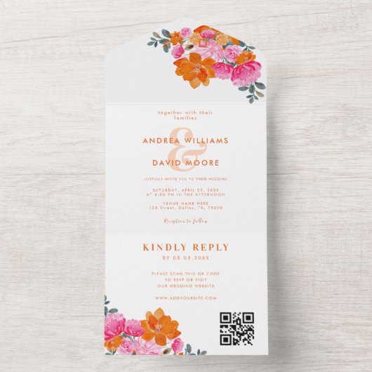 Rosa Orange Vibrannte Summer Floral QR Code Hochze All In One Einladung (Innen Boden)