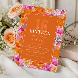 Rosa Orange Vibrant Garden Sweet 16 Birthday Party Einladung