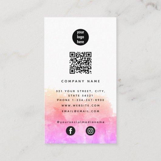 Rosa Orange Wasserfarbe QR Code Social Media Visitenkarte (Rückseite)