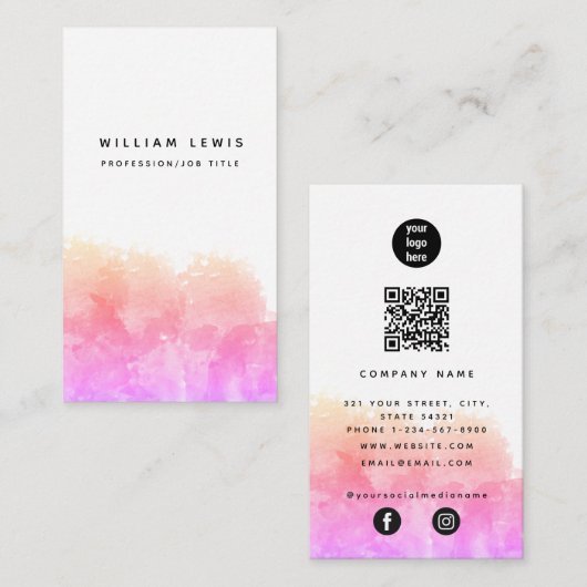 Rosa Orange Wasserfarbe QR Code Social Media Visitenkarte (Vorne/Hinten)