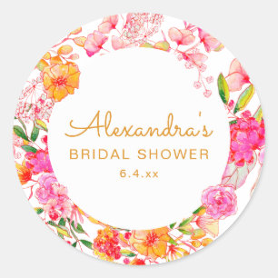 Rosa-orange Wasserfarben-Wildblumen-Braut-Party Runder Aufkleber