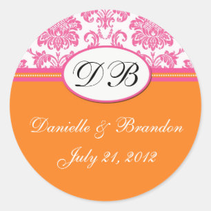 Rosa Orange Wedding Monogram Damask Siegel Runder Aufkleber
