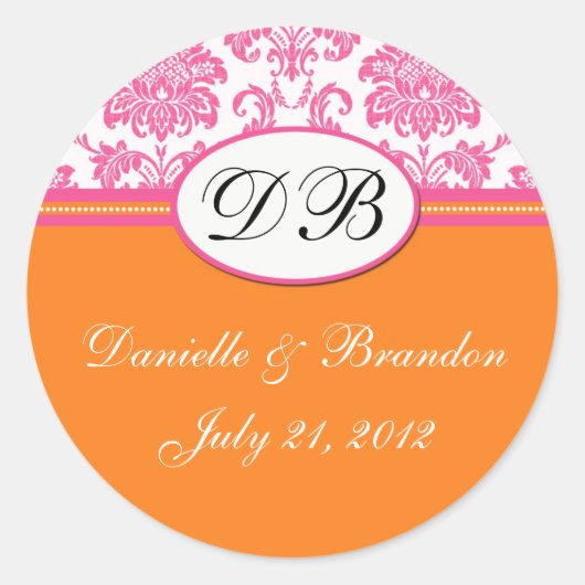 Rosa Orange Wedding Monogram Damask Siegel Runder Aufkleber (Vorderseite)