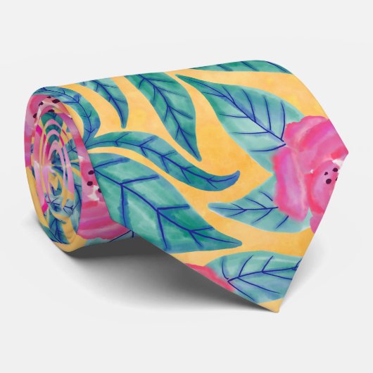 Rosa Orangefarbene Blume Blätter Wasserfarbmuster Krawatte (Gerollt)