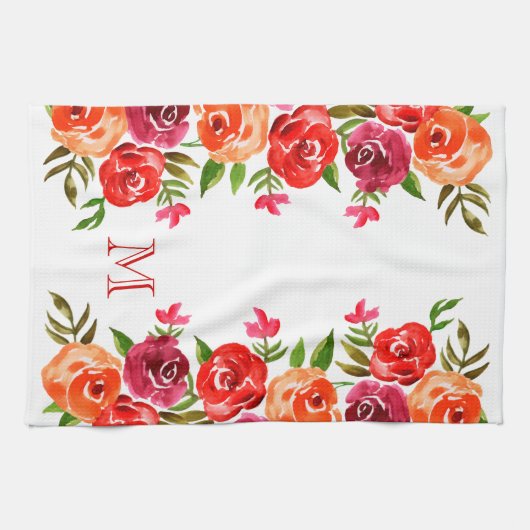 Rosa Orangefarbene Blume Mit Monogramm Geschirrtuch (Horizontal)