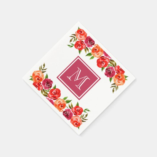 Rosa Orangefarbene Blume Mit Monogramm Serviette (Ecke)