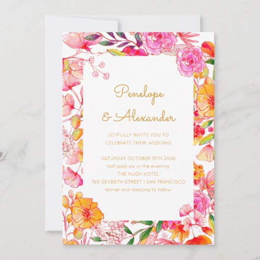Rosa Orangefarbene Blume Script Chic Wedding Einladung (Vorderseite)