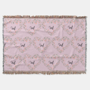 Rosa orangefarbene Blumen und Grün Herz Monogramm Decke
