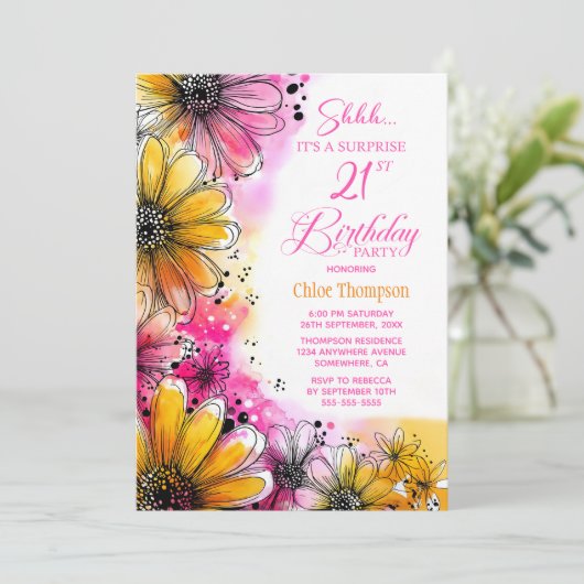 Rosa Orangefarbene Blumenüberraschung 21. Geburtst Einladung (Stehend Vorderseite)