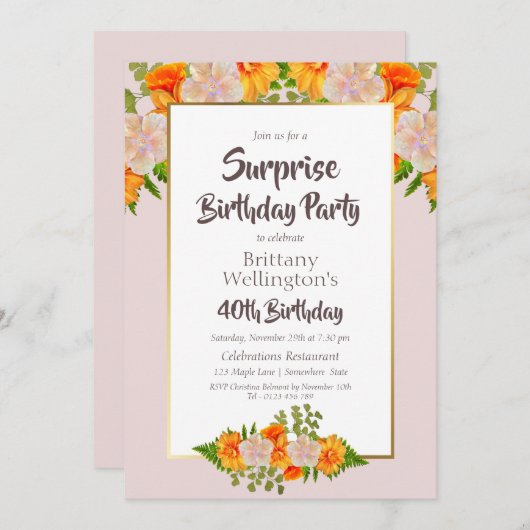 Rosa Orangefarbene Blumenüberraschung 40. Geburtst Einladung (Vorne/Hinten)
