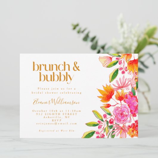 Rosa Orangefarbene Floral Bridal Brunch Bubbly Einladung (Stehend Vorderseite)