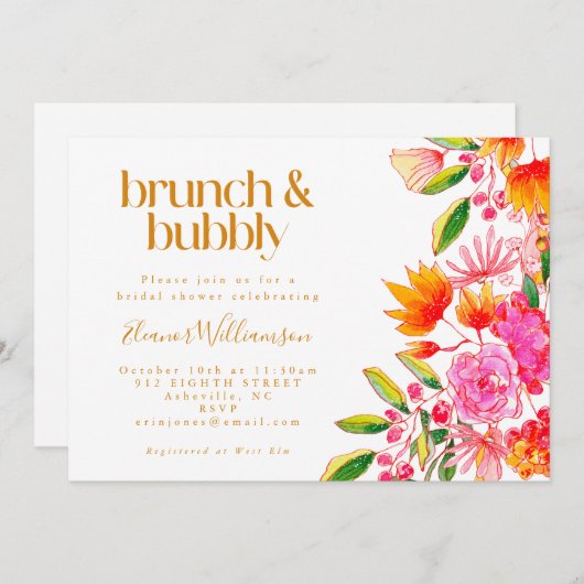 Rosa Orangefarbene Floral Bridal Brunch Bubbly Einladung (Vorne/Hinten)