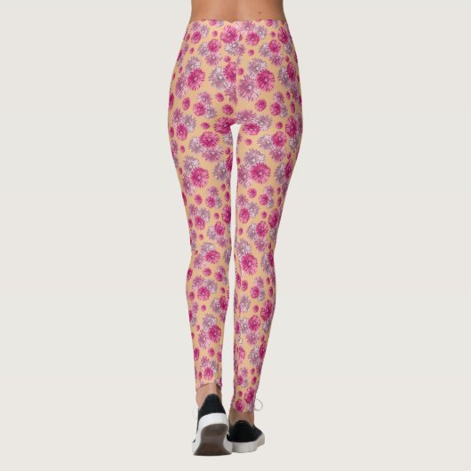 Rosa-orangefarbene Gerbera-Muster Leggings (Rückseite)