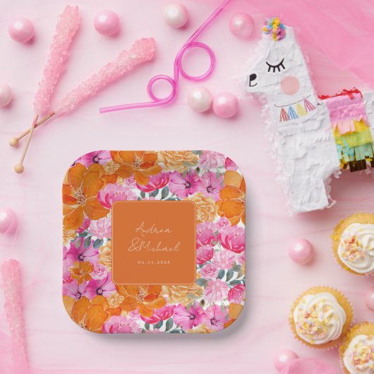 Rosa Orangefarbene Hochzeit der Flora Pappteller (Party)