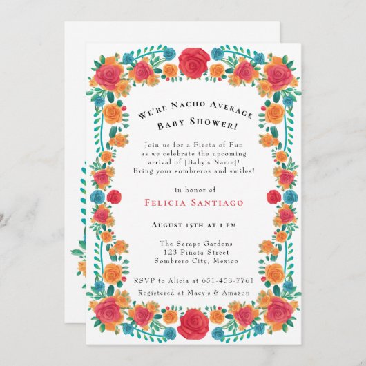 Rosa Orangefarbene mexikanische Fiesta Babydusche Einladung (Vorne/Hinten)
