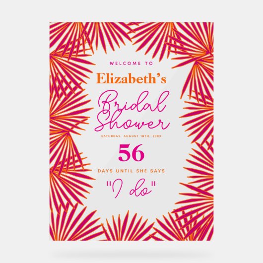 Rosa Orangefarbene Palmen Tropisches Brautparty Wi Acrylschild (Vorderseite)