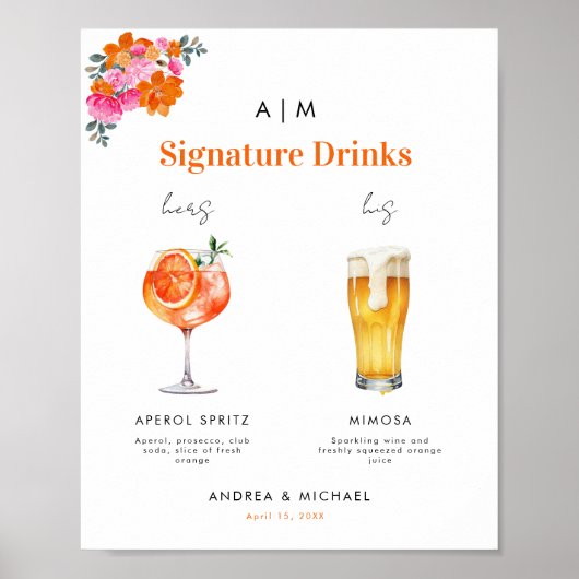 Rosa Orangefarbene Signatur Drink Cocktail Hochze Poster (Vorne)
