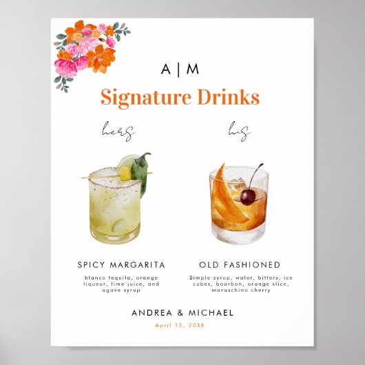 Rosa Orangefarbene Signatur Drinks Cocktailsignatu Poster (Vorne)