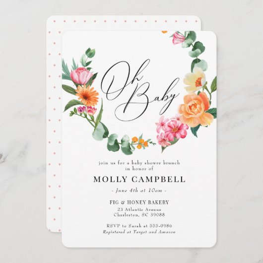 Rosa Orangefarbene tropische Blume Kinderdusche Einladung (Vorne/Hinten)