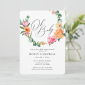 Rosa Orangefarbene tropische Blume Kinderdusche Einladung (Stehend Vorderseite)