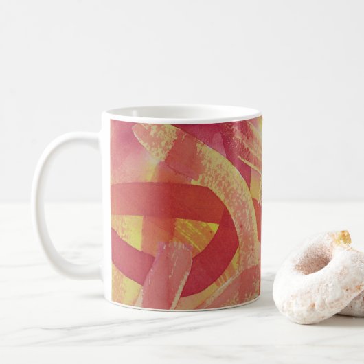 Rosa, orangefarbene und gelbe Streifen Wasserfarbe Kaffeetasse (Mit Donut)