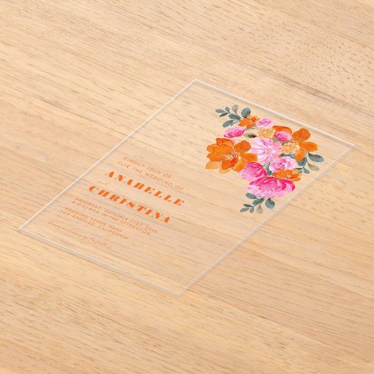 Rosa Orangefarbene Wasserfarbe Transparente Hochze Acryleinladungen (Ablage )