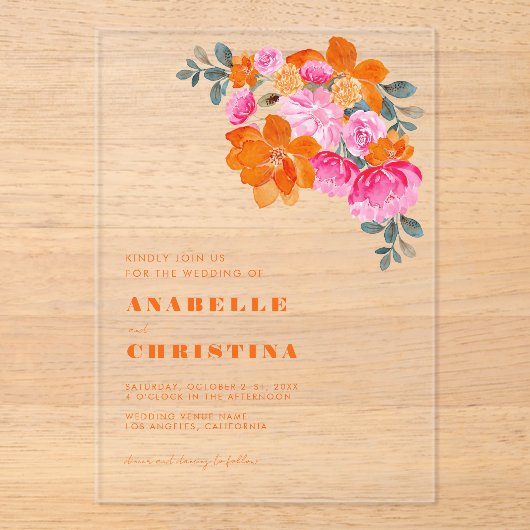 Rosa Orangefarbene Wasserfarbe Transparente Hochze Acryleinladungen (Vorderseite)