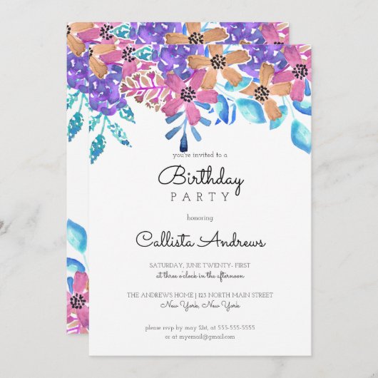 Rosa Orangefarbene Wasserfarben Mädchen zum Geburt Einladung (Vorne/Hinten)